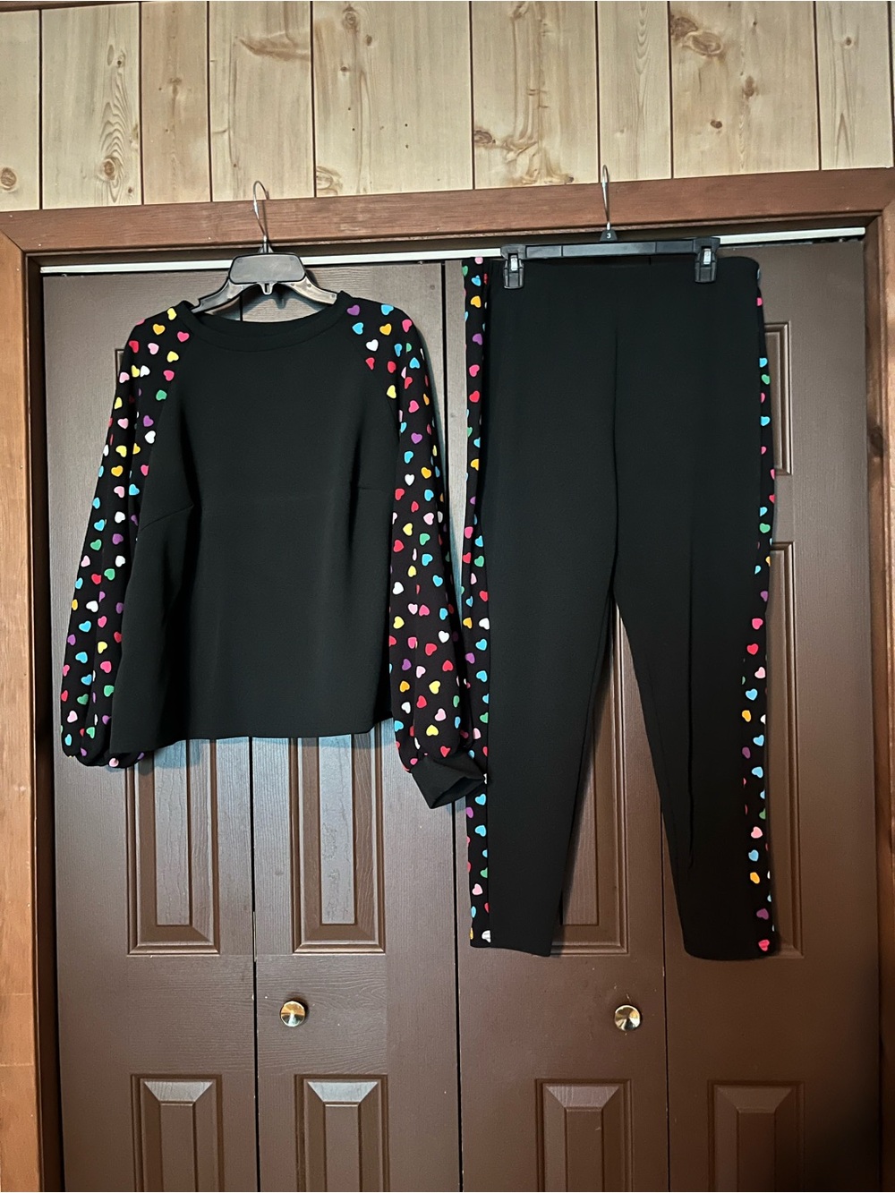 SHEIN Black Track Set with Multicolor Heart Side Stripes